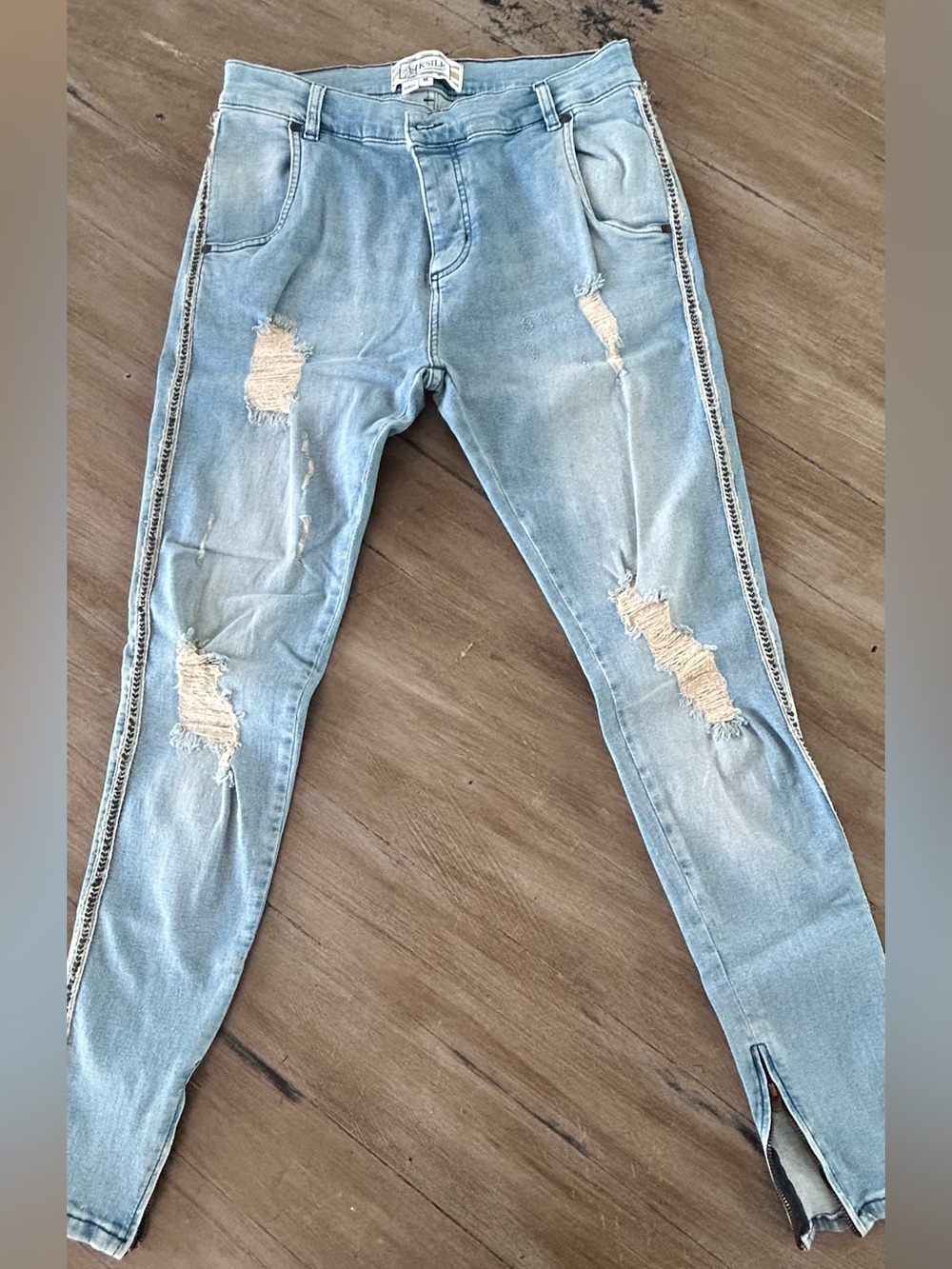Skinny Distressed Light Blue Men’s Jeans with Side Trim